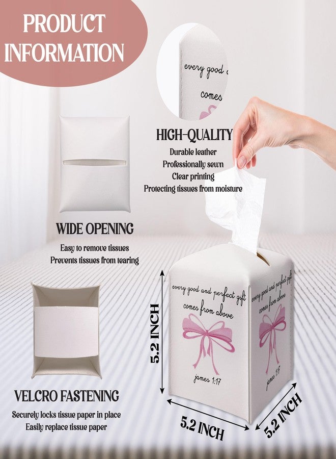 SIXEIGHT Pink Bow Christian Tissue Box Cover, Every Good and Perfect is from Above, Square Decorative Tissue Box Holder, Christian Gifts for Women, Leather Toilet Paper Cover for Tabletop Office-A18 - Image 2